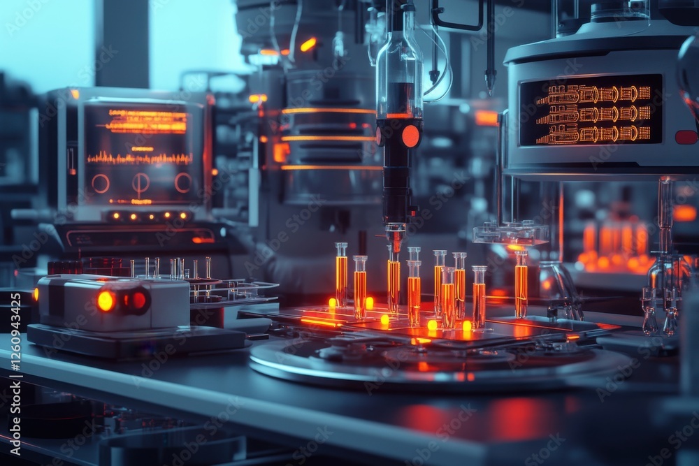 Poster automated futuristic laboratory setup with robotic arm conducting experiment.
