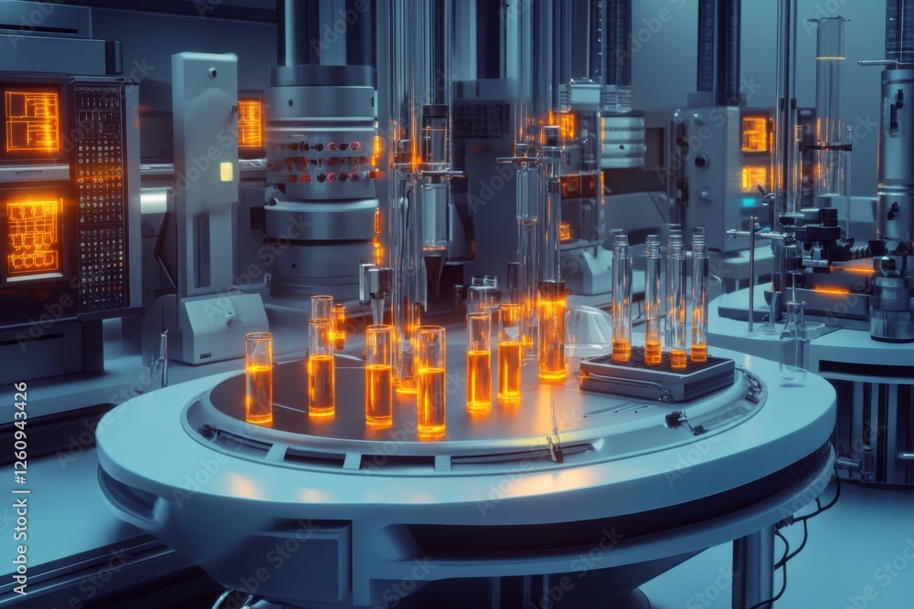 Poster advanced automated laboratory with orange glowing test tubes and machinery.