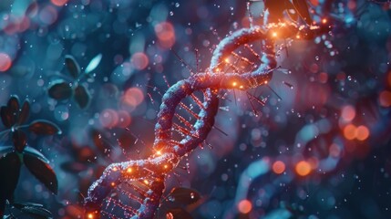 Futuristic DNA Strand Illustration in Surreal Digital Environment with Glowing Particles and Technological Aesthetic