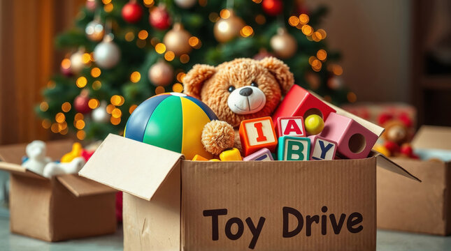 Colorful toys fill a cardboard donation box labeled for a toy drive, set against a backdrop of a beautifully decorated Christmas tree with twinkling lights. Copy space