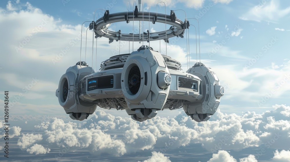 Poster futuristic floating technology structure above clouds with high-tech design and modern aesthetic