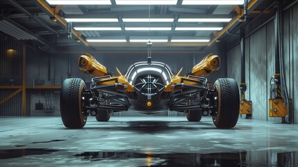 Fototapeta premium Futuristic Technology Concept: Innovative Vehicle Design in Modern Workshop with Sleek Lines and Advanced Features for Automotive Enthusiasts and Designers