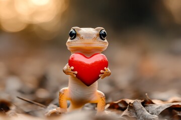 Newt - my treasured animal. Ad animal idea art. Cute newt baby with furry friend toy red heart on in a natural habitat. Wild lovebirds in nature. Love and tenderness in nature. Loving animals.
