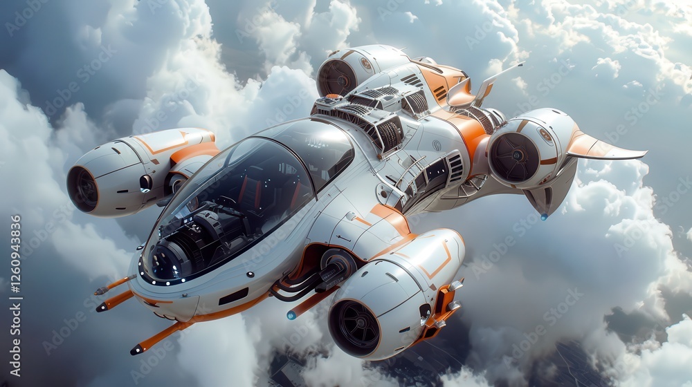 Poster futuristic spacecraft flying through clouds with innovative design and advanced technology features 