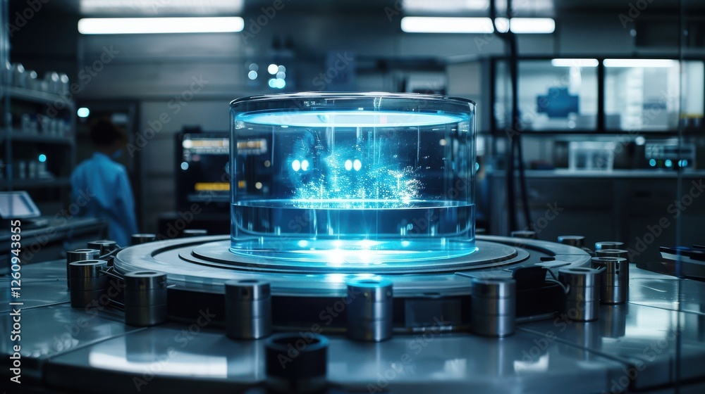 Poster advanced technology laboratory with futuristic holographic display and experimental apparatus in mod