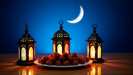 Obraz premium Ramadan Kareem Celebration with Lanterns, Crescent Moon, and Dates