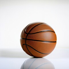Obraz premium A close-up view of a basketball with a textured surface, resting on a reflective surface, showcasing its distinctive patterns and colors.