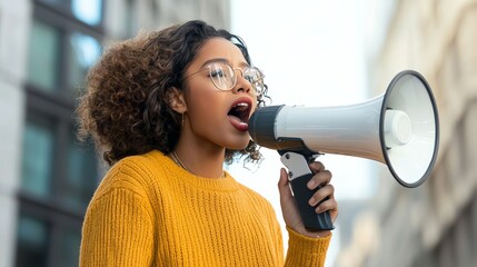 A young woman passionately advocates for change in an urban setting, holding a megaphone to amplify her voice, representing empowerment and activism.