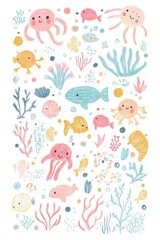 Whimsical Pastel Sticker Sheet of Tiny Hand-Drawn Cartoon Sea Creatures on White Background