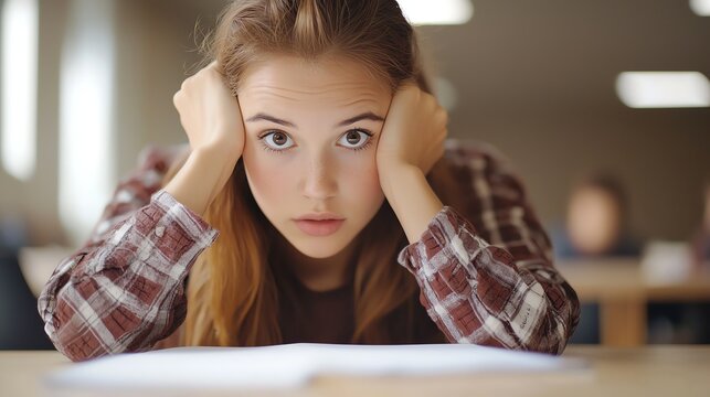 A young woman looks overwhelmed and stressed while sitting in a classroom, holding her head in frustration, reflecting anxiety and pressure.