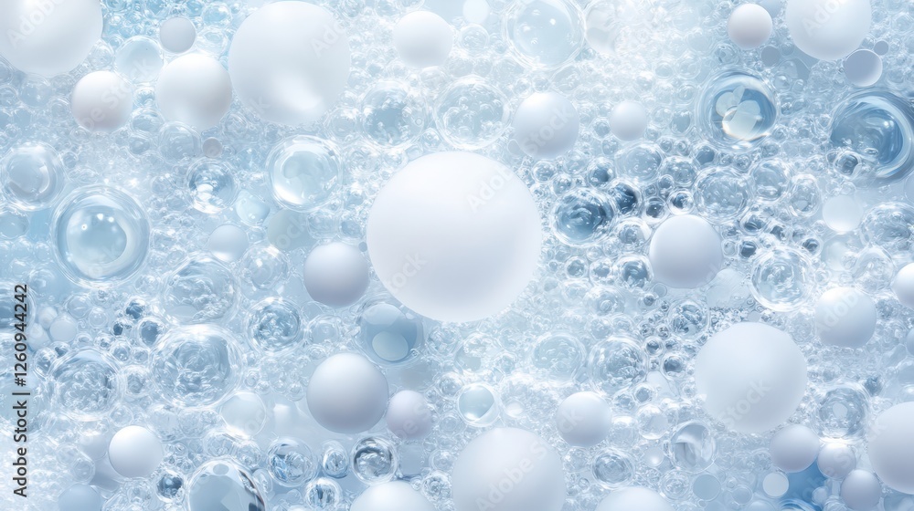 Poster mesmerizing display of white spheres floating in tranquil water, study in abstract visual harmony