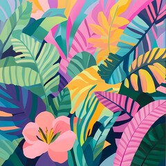 Tropical forest painting with exotic flowers, oversized leaves, and vivid colors like pastel pinks, rich greens, and bright yellows, featuring intricate foliage patterns and bold stripes on a cut canv