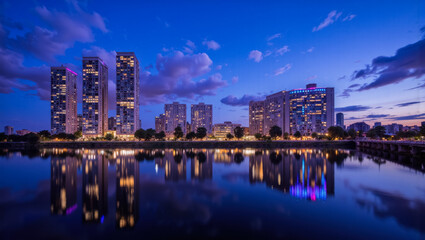 Fototapeta premium Cityscape at dusk: illuminated skyscrapers reflecting on tranquil urban lake