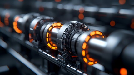 Fototapeta premium A close-up view of a futuristic mechanical component featuring glowing orange rings, showcasing advanced engineering and technology.