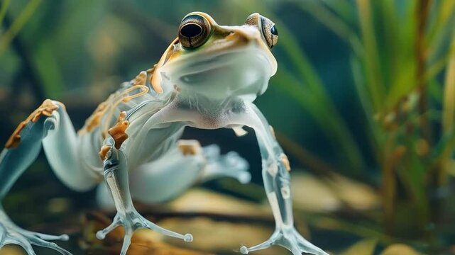 Curious Green Frog Close Up of Translucent Amphibian in Its Aquatic Habitat, Showcasing Unique Features and Beauty of Nature and Wildlife