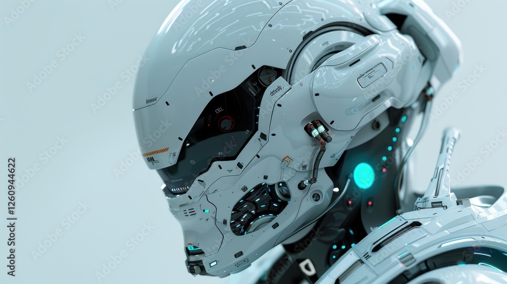 Poster futuristic robot head with advanced technology features and sleek design for innovation and science 