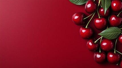 Fresh, juicy cherries arranged beautifully on a deep red backdrop, perfect for summer themes, culinary designs, or healthy eating concepts.