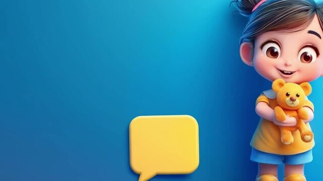 Colorful Cartoon Girl with Teddy Bear Playful Smile of Innocence and Happiness for Children