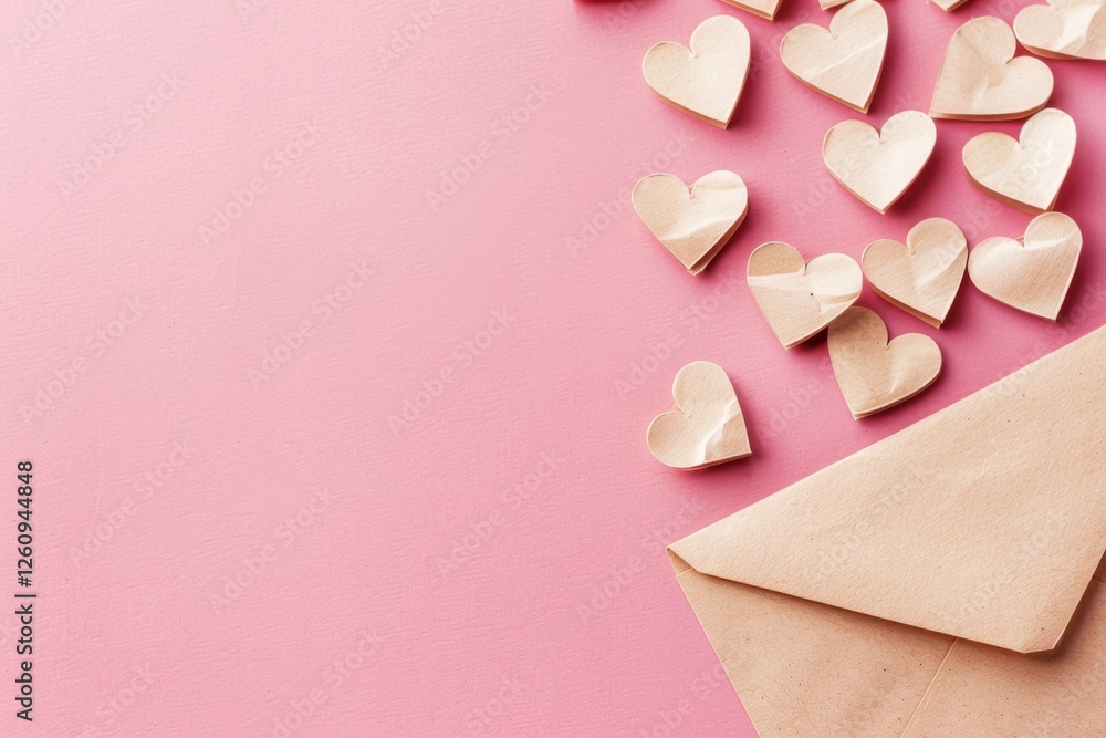 Poster a soft pink background features an envelope with scattered heart-shaped cutouts, creating a romantic