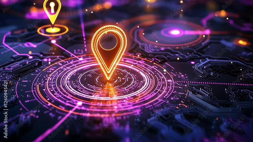 Poster glowing location pin hovering over digital world map, representing global positioning system, naviga