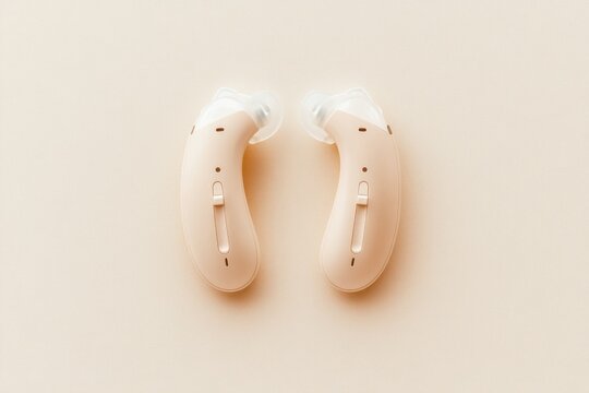 Symmetrically Arranged Hearing Aids on a Beige Surface Showcasing Minimalist Design and Functionality for Microstocks