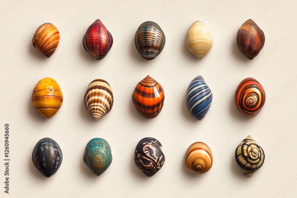 Poster intricate patterns of colorful seashells displayed artistically on a neutral background, showcasing 