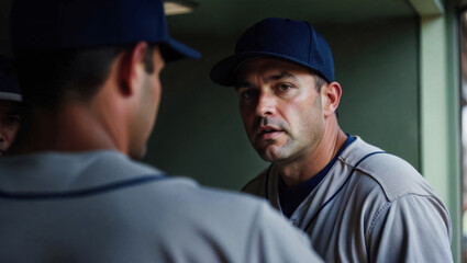 Caucasian male baseball players in dugout conversation during game
