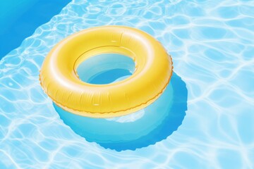 A vibrant yellow pool float rests on the surface of a sparkling blue swimming pool, reflecting the sunlight in a serene summer scene.