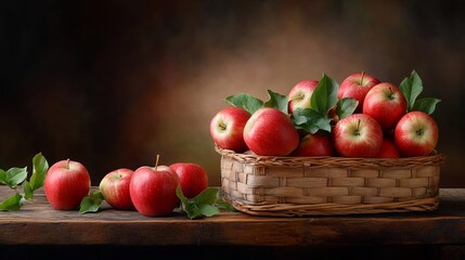 Red apples in basket, wooden table, dark background; harvest still life