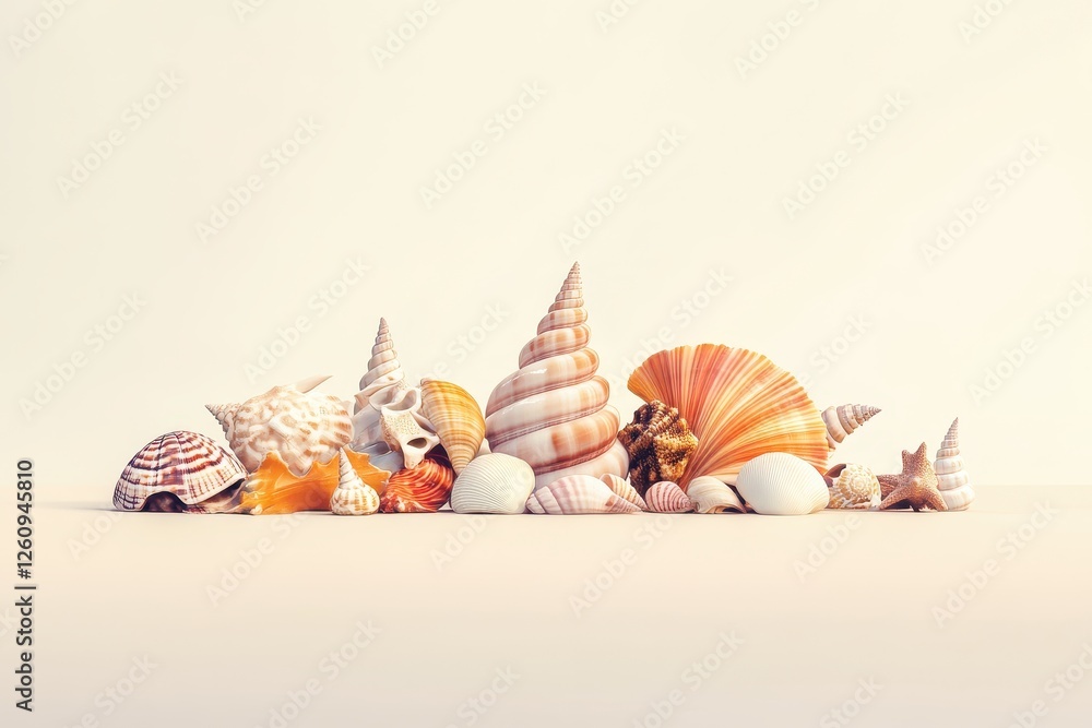 Poster colorful variety of seashells arranged artistically on a light background with intricate patterns an
