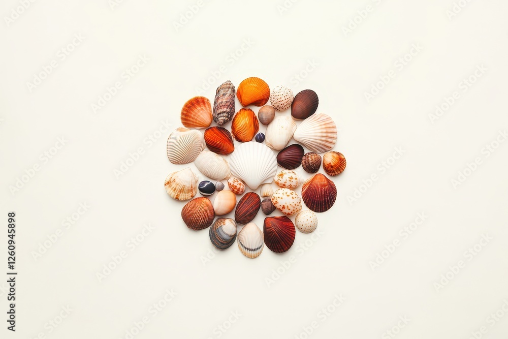 Poster shells arranged in a beautiful circular pattern on a soft cream background evoking coastal tranquili