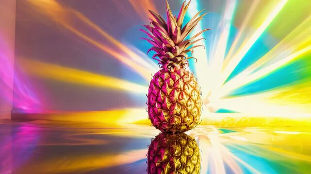 Radiant pineapple illuminated by colorful shifting lights in artistic display
