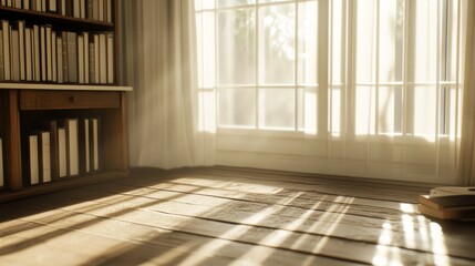Fototapeta premium Sunlit room, bookshelves, window, tranquil scene, home interior design