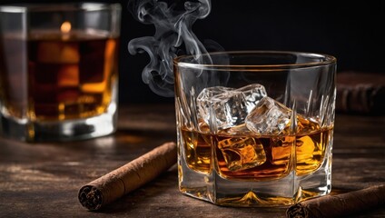 Glass of whiskey with ice cubes and smoking cigar on wooden table
