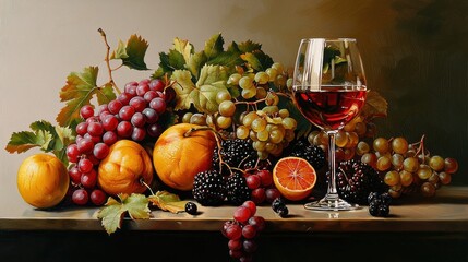 Vibrant arrangement of ripe fruits and a glass of red wine on a wooden table in a rustic setting showcasing autumn's harvest and seasonal flavors
