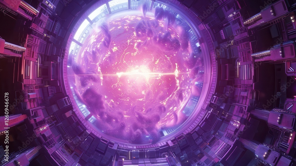 Poster vivid abstract representation of advanced technology in vibrant purple and pink within a futuristic 