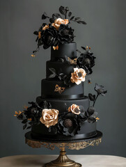 Elegant Black-Themed Wedding Cake with Floral Decorations