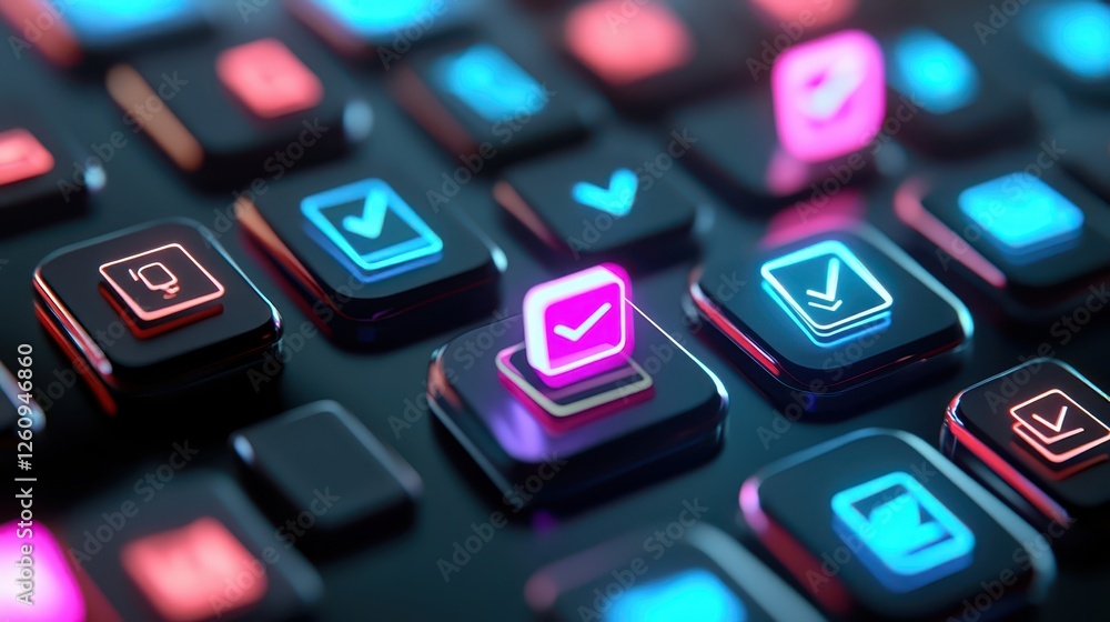 Poster closeup, vibrant colorful keyboard layout with illuminated keys and modern design