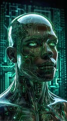 Futuristic Portrait of a Man with Green Neon Glow and Digital Patterns in a Cyber-Inspired Aesthetic