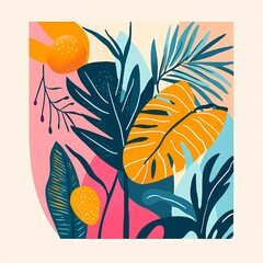 Fototapeta premium Vivid pop art interpretation of a tropical rainforest with oversized leaves and fruits in bright orange, teal, and pink, featuring organic lines, geometric shapes, and bold patterns on a shaped canvas