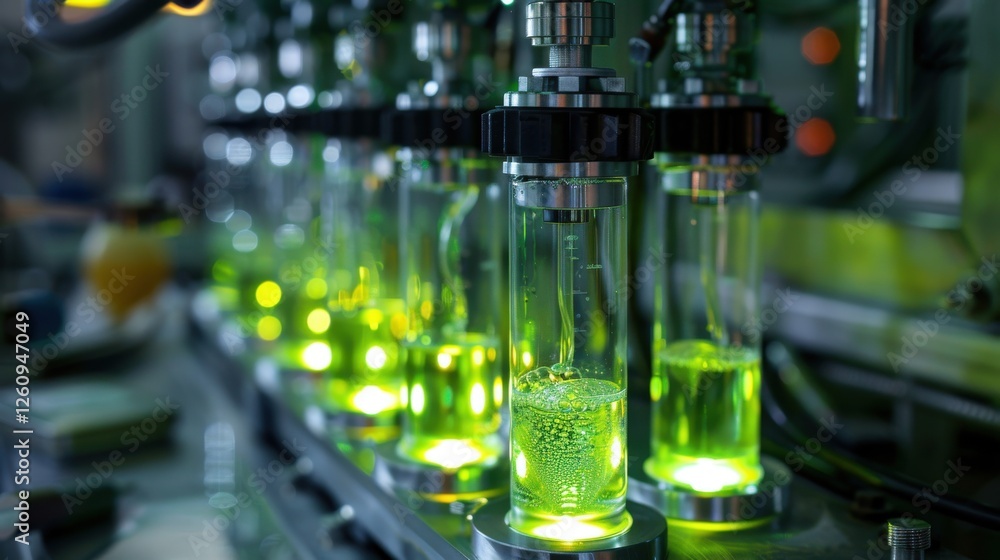 Poster advanced technology in laboratory setting featuring luminous green liquids in glass vials under mode
