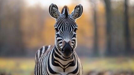Naklejka premium Zebra stands calmly in the sunlit savanna during a serene autumn day