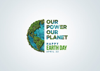 Our power, our planet. Earth day 2025 3d concept background. Ecology concept. Design with 3d globe map drawing and leaves isolated on white background.