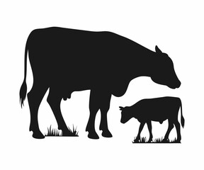 Silhouette of a Cow and Calf Grazing