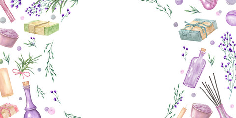 Watercolor fragrance organic herbal elements. Candle, bowl with salt, wildflowers, herbs, bottle, soap bars, bath bomb frame with empty space for text. Spa border illustration for greeting cards