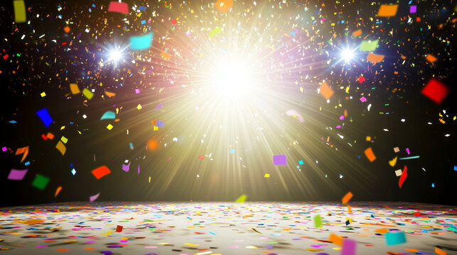 Bright stage lights and colorful confetti explosion for celebrations, parties, and grand event finales