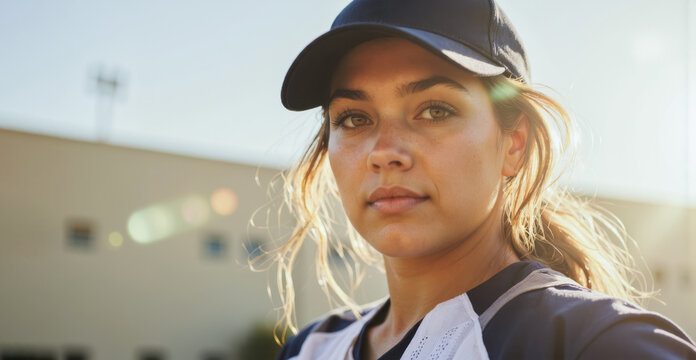 Young caucasian female softball player in cap under sunlight