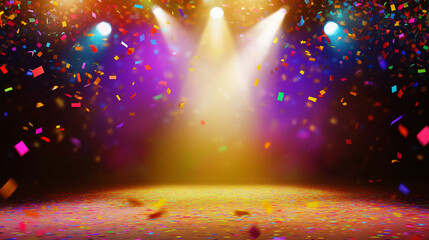 Glowing stage spotlight with vibrant  rainbow falling confetti creating a festive and celebratory atmosphere, perfect for award ceremonies, event promotions, party invitations