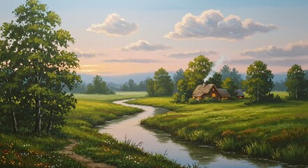 Obraz premium A peaceful countryside painting featuring a winding river, lush greenery, and a cozy cottage with glowing windows, set against a soft sunset sky with scattered clouds.