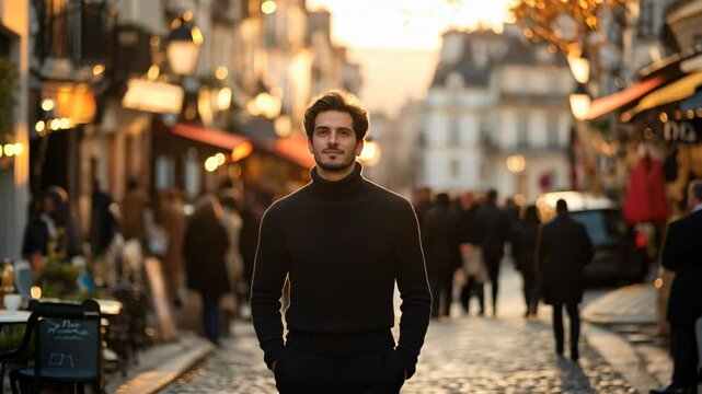 Confident Man Strolling Through a Bustling Parisian Street at Sunset, Embracing the City's Charm